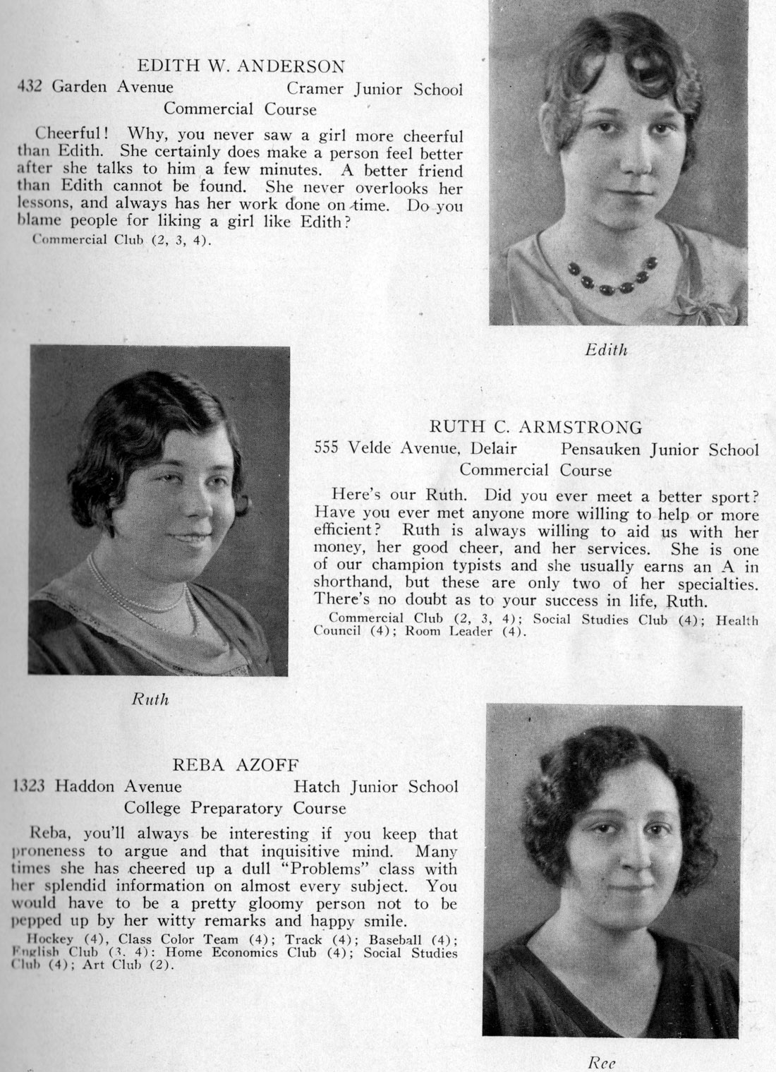 Class portraits: Edith W. Anderson, Ruth C. Armstrong, Reba Azoff