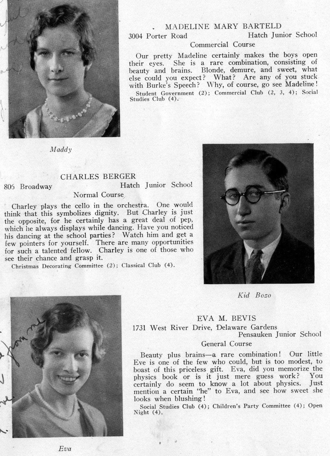 Class portraits: Madeline Mary Barteld, Charles Berger, Eva M. Bevis