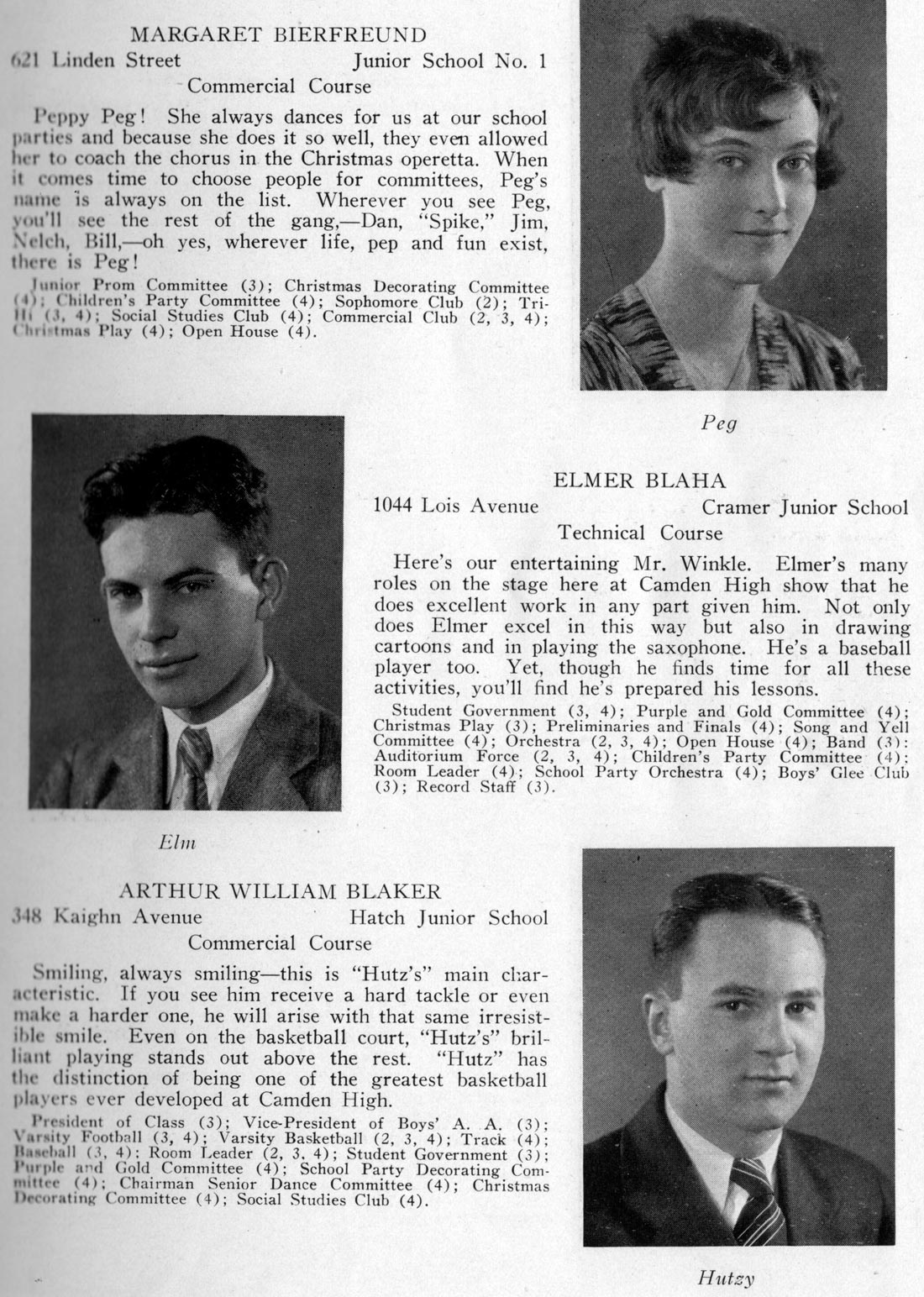 Class portraits: Margaret Bierfreund, Elmer Blaha, Maude A. Crane