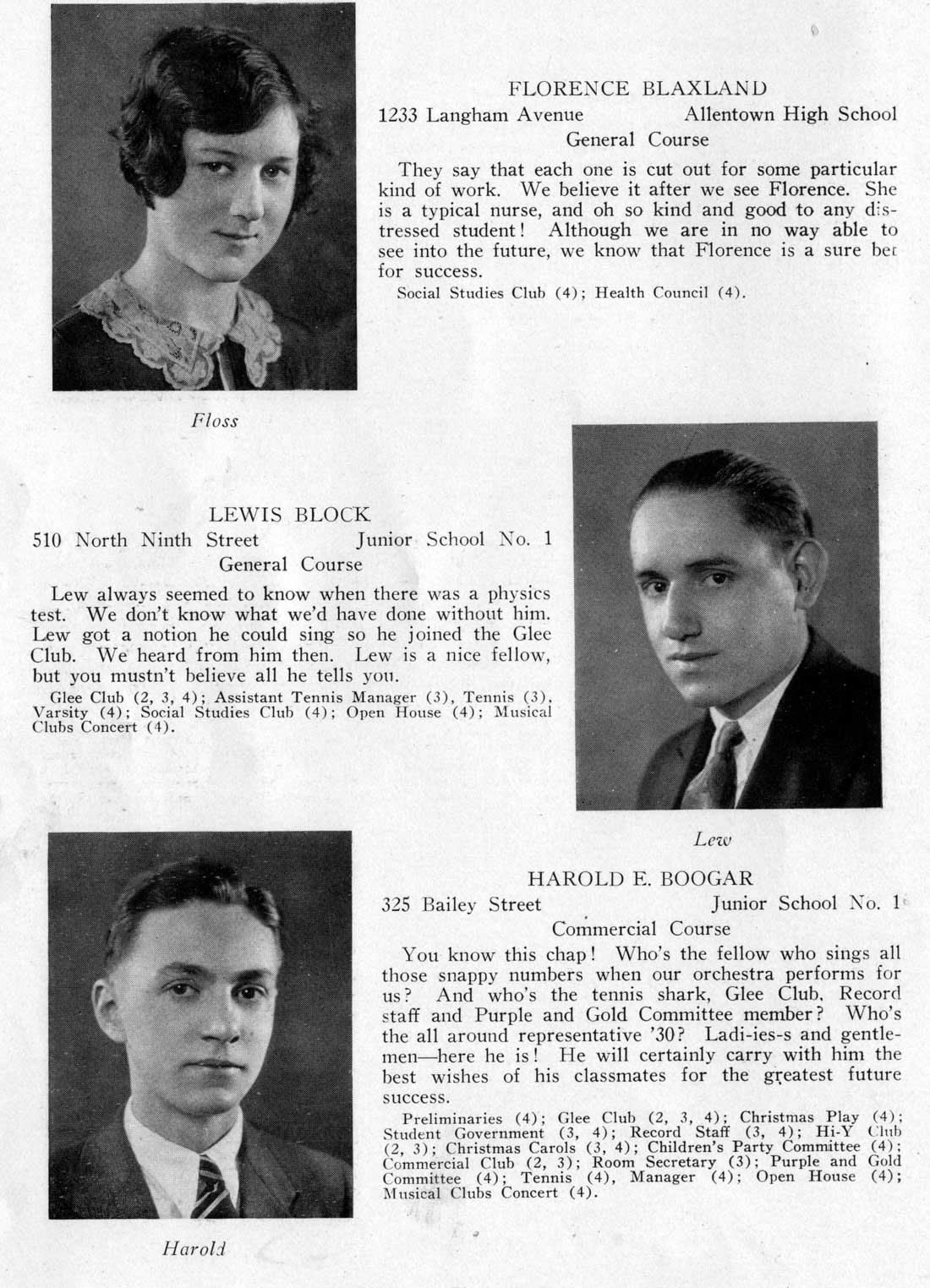 Class portraits: Florence Blaxland, Lewis Block, Harold E. Boogar