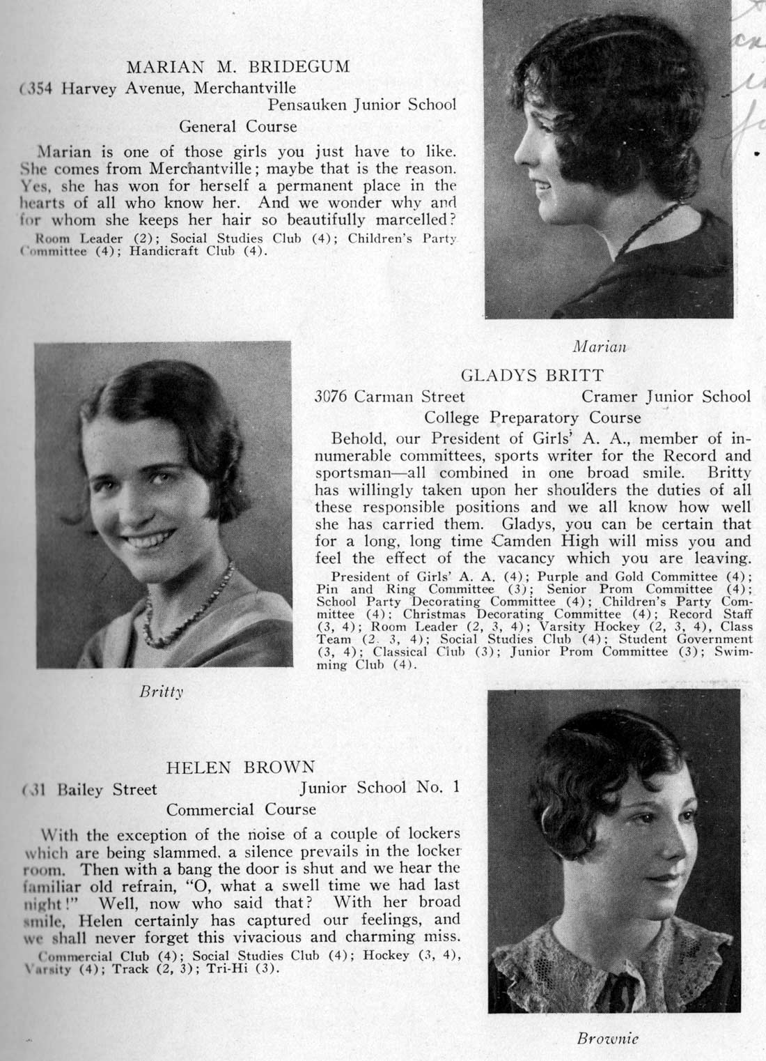 Class portraits: Marian M. Bridegum, Gladys Britt, Helen Brown