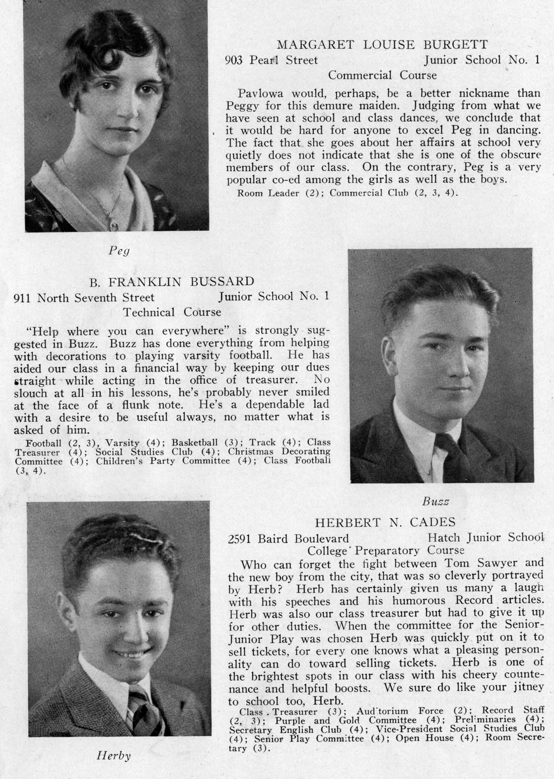Class portraits: Margaret Louise Burgett, B. Franklin Bussard, Herbert N. Cades