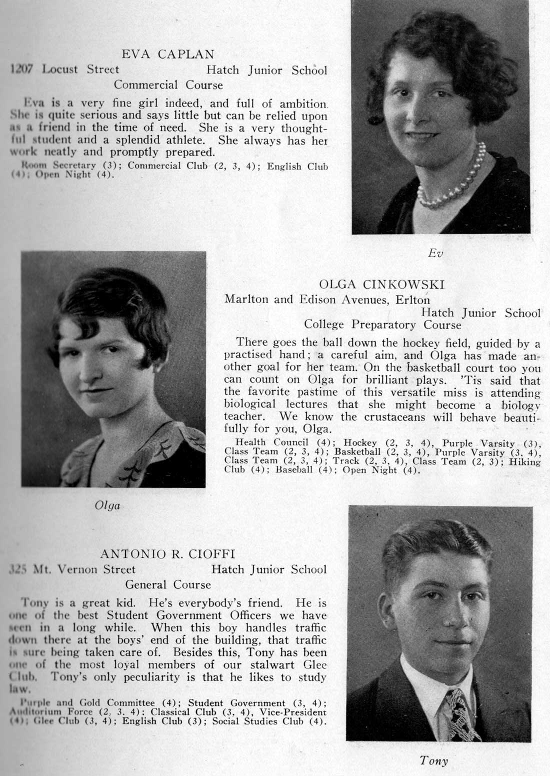 Class portraits: Eva Caplan, Olga Cinkowski, Antonio R. Cioffi