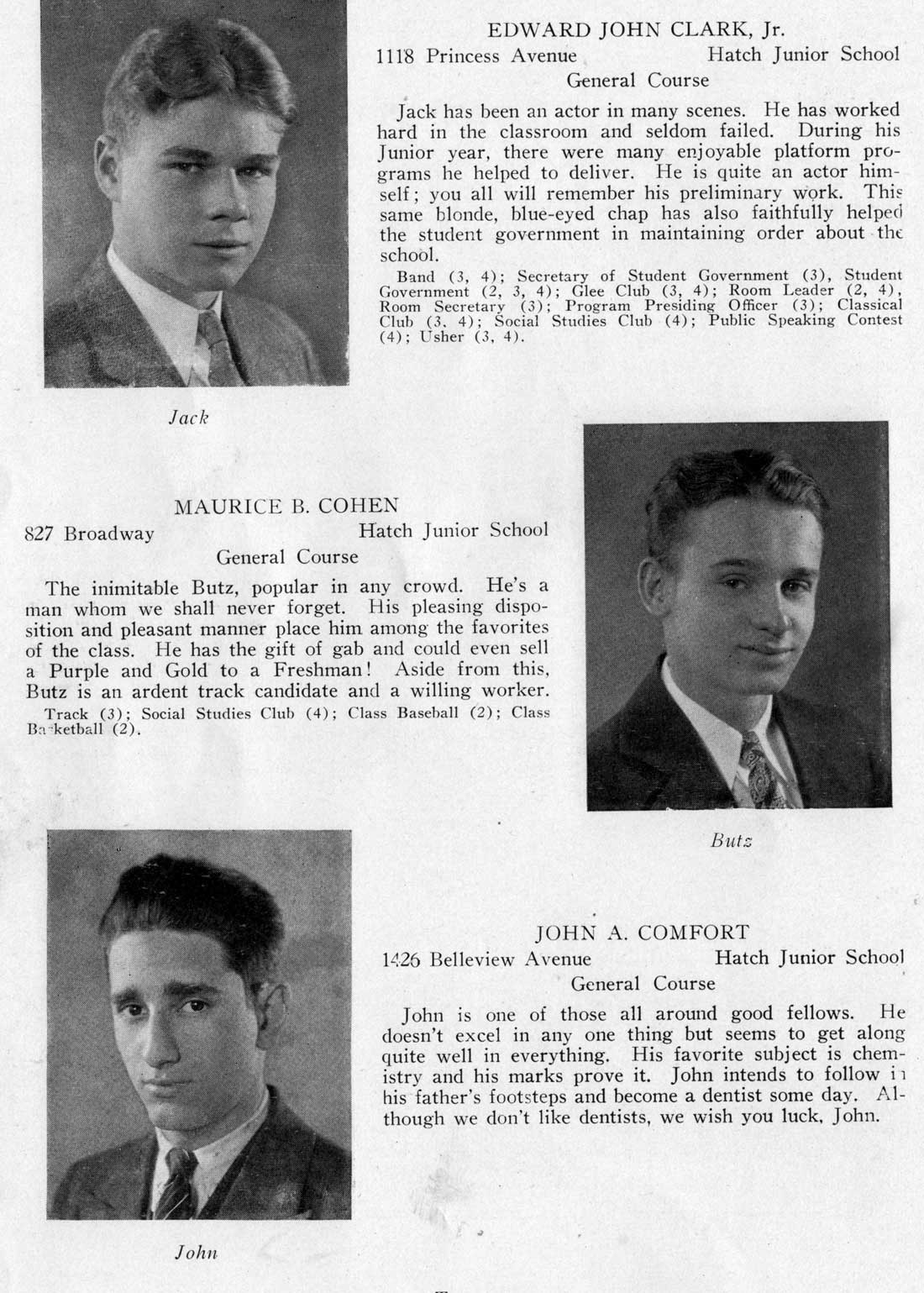 Class portraits: Edwin John Clark Jr., Maurice B. Cohen, John A. Comfort