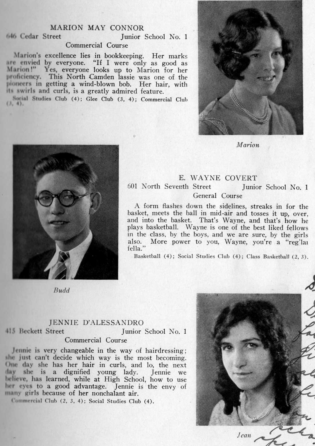 Class portraits: Marion May Connor, E. Wayne Covert, Jennie D'Alessandro