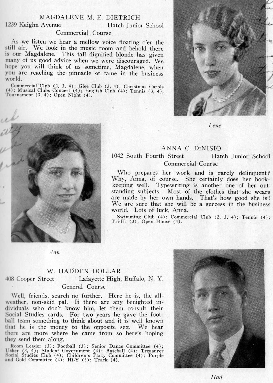 Class portraits: Magdalene M.E. Dietrich, Anna C. DiNisio, W. Hadden Dollar