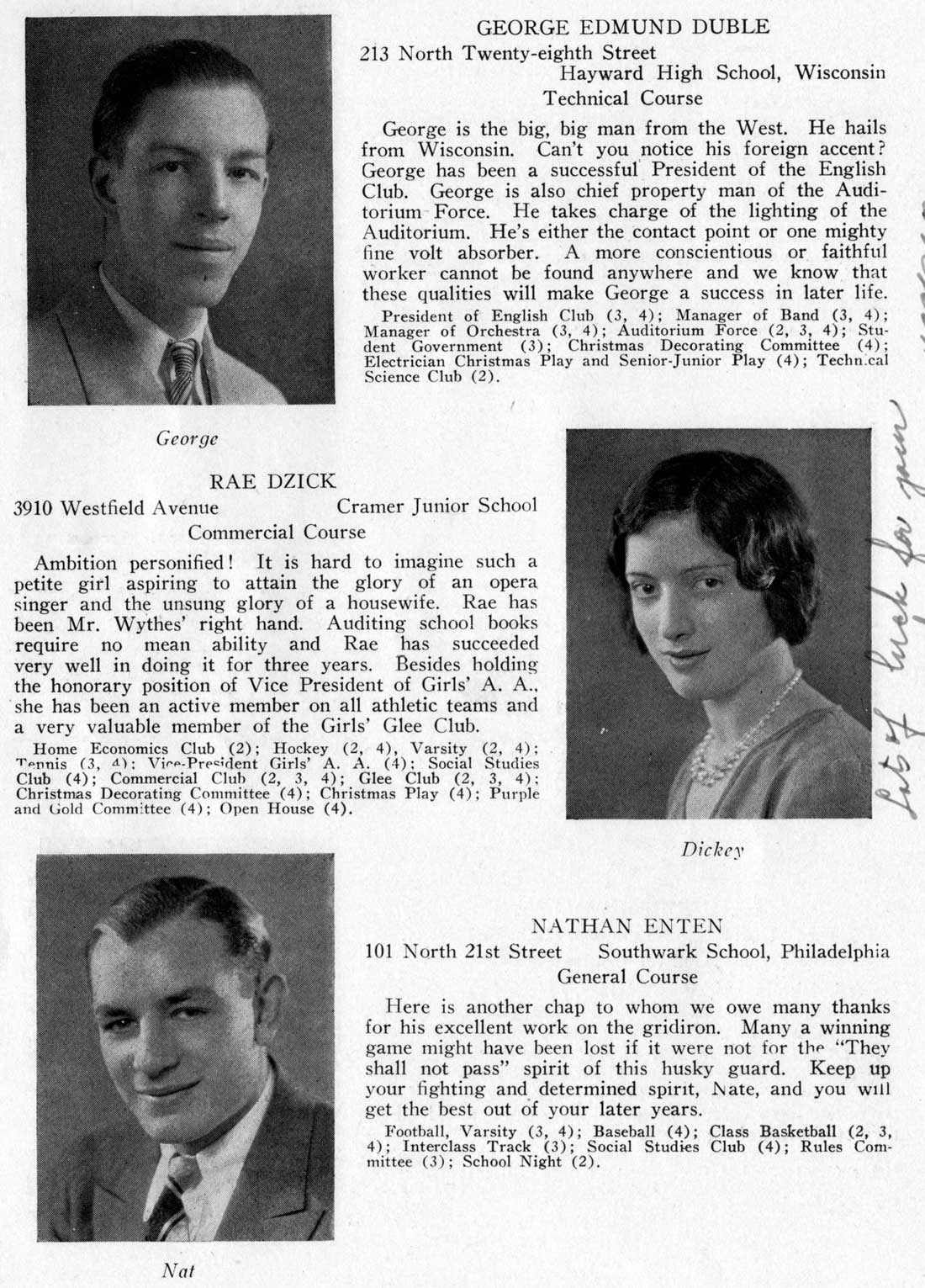 Class portraits: George Edmund Duble, Rae Dzick, Nathan Enten
