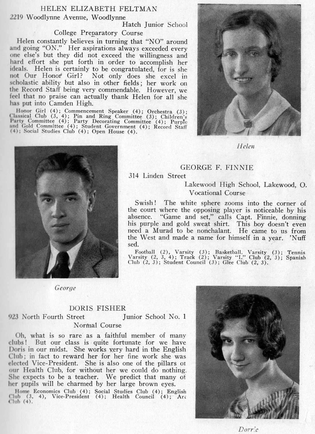 Class portraits: Helen Elizabeth Feltman, George F. Finnie, Doris Fisher
