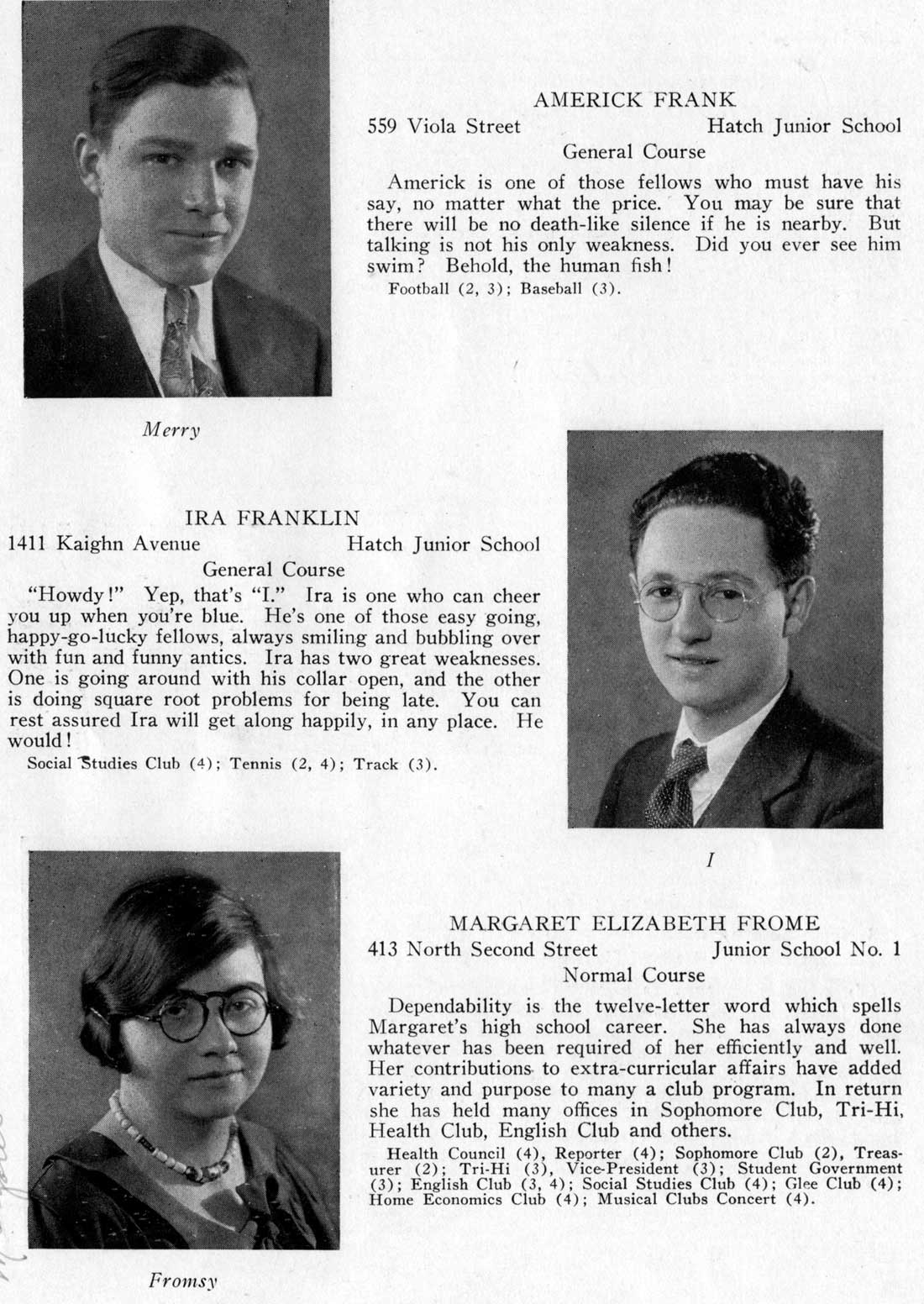 Class portraits: Americk Frank, Ira Franklin, Margaret Elizabeth Frome