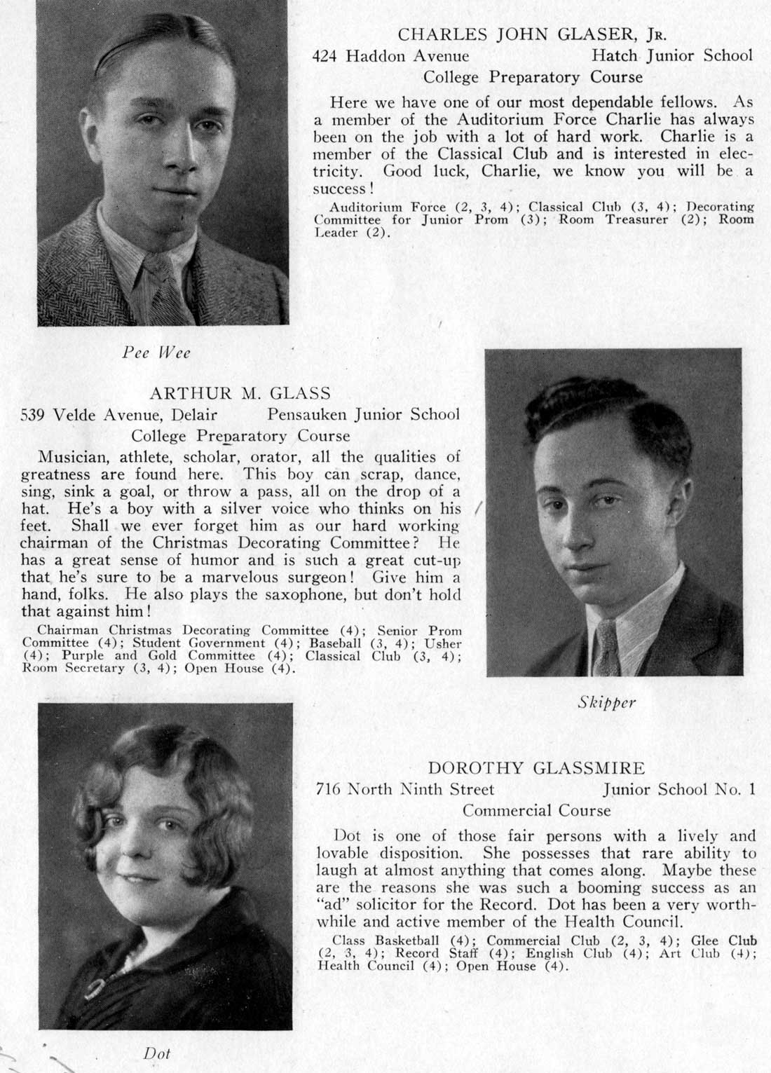 Class portraits: Charles John Glaser Jr., Arthur M. Glass, Dorothy Glassmire