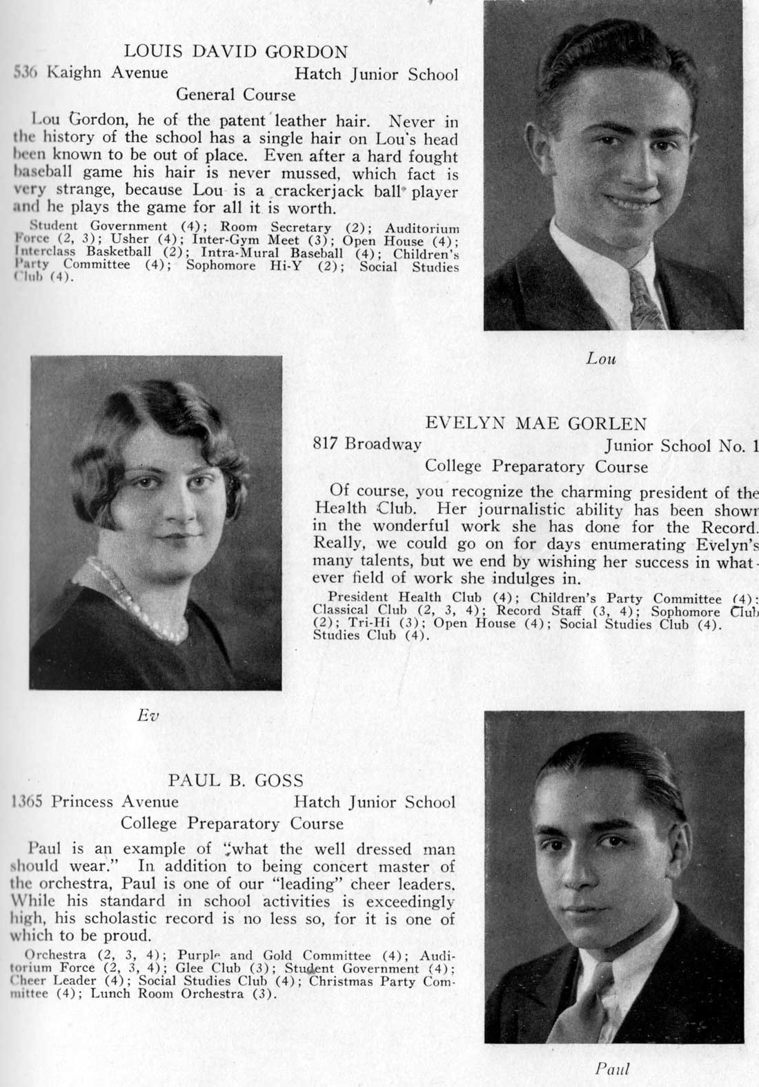 Class portraits: Louis David Gordon, Evelyn Mae Gorlen, Paul B. Goss