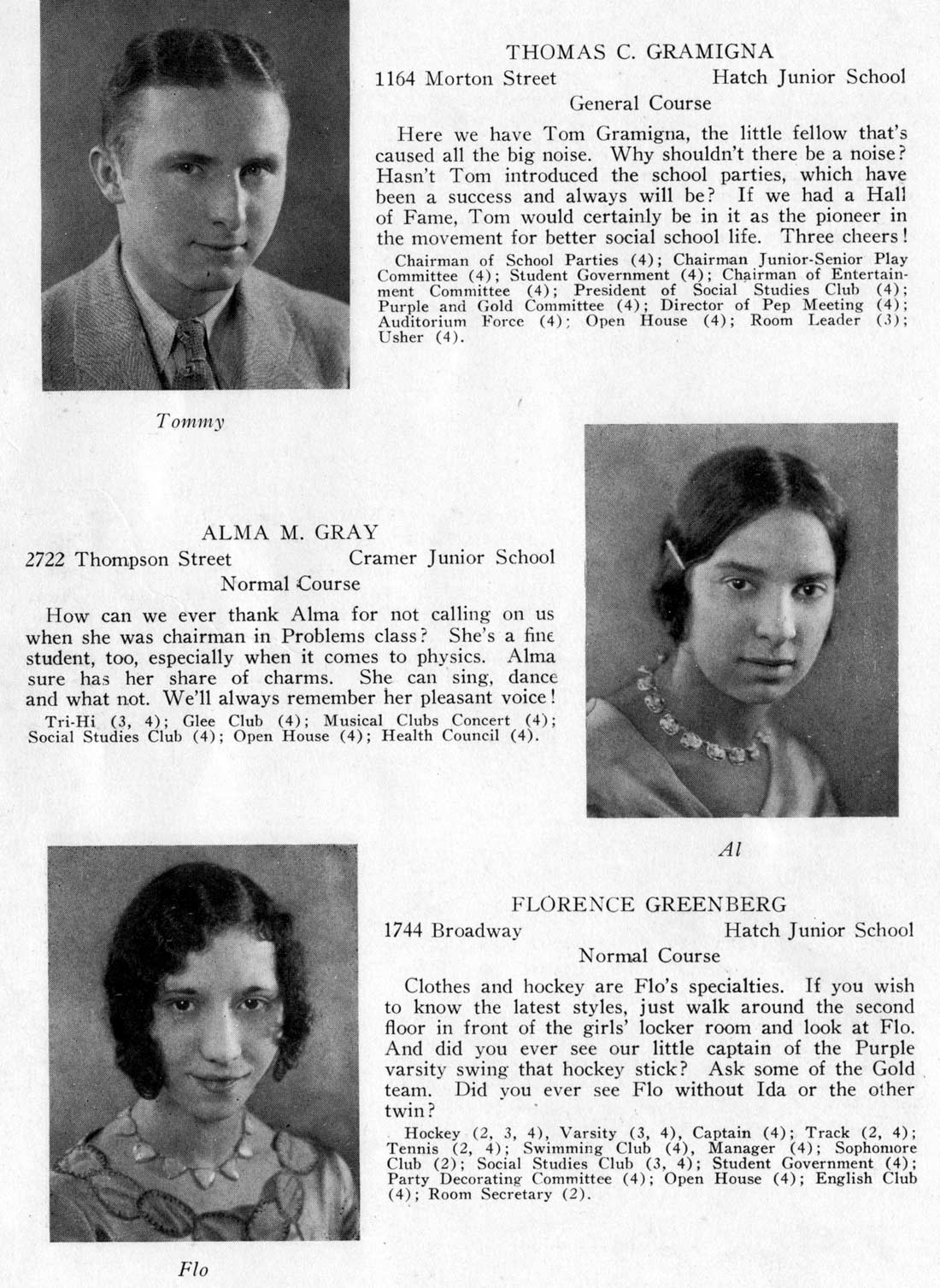 Class portraits: Thomas C. Gramigna, Alma M. Gray, Florence Greenberg