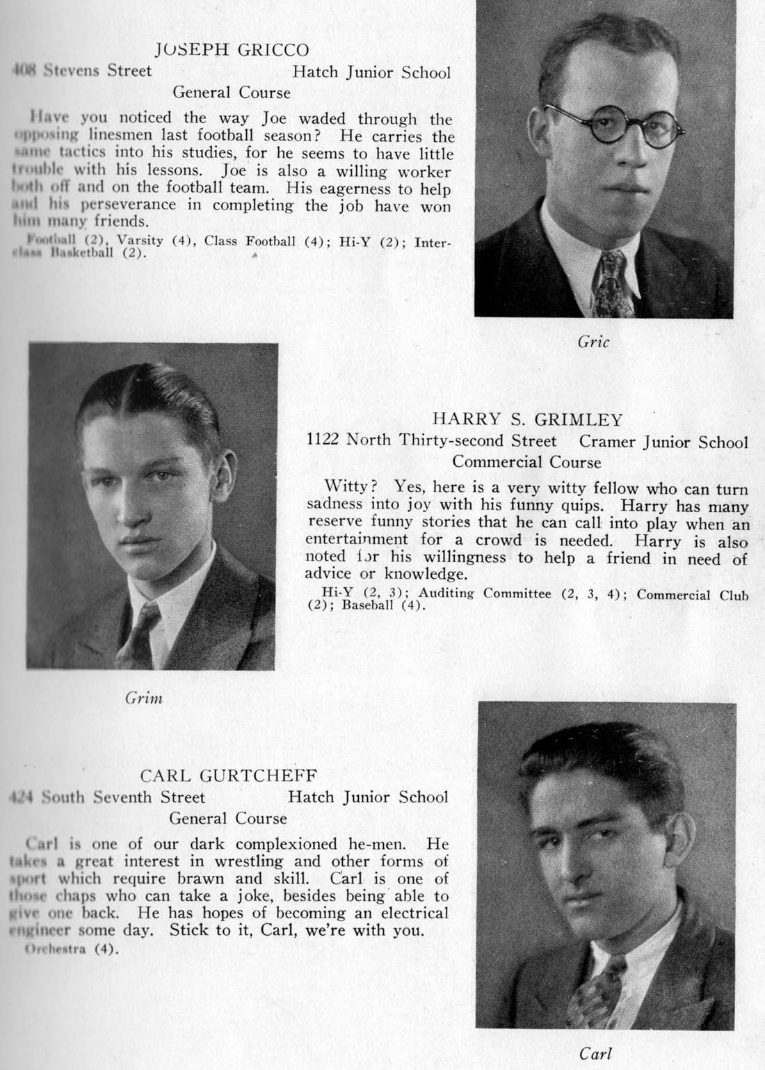 Class portraits: Joseph Gricco, Harry S. Grimley, Carl Gurtcheff