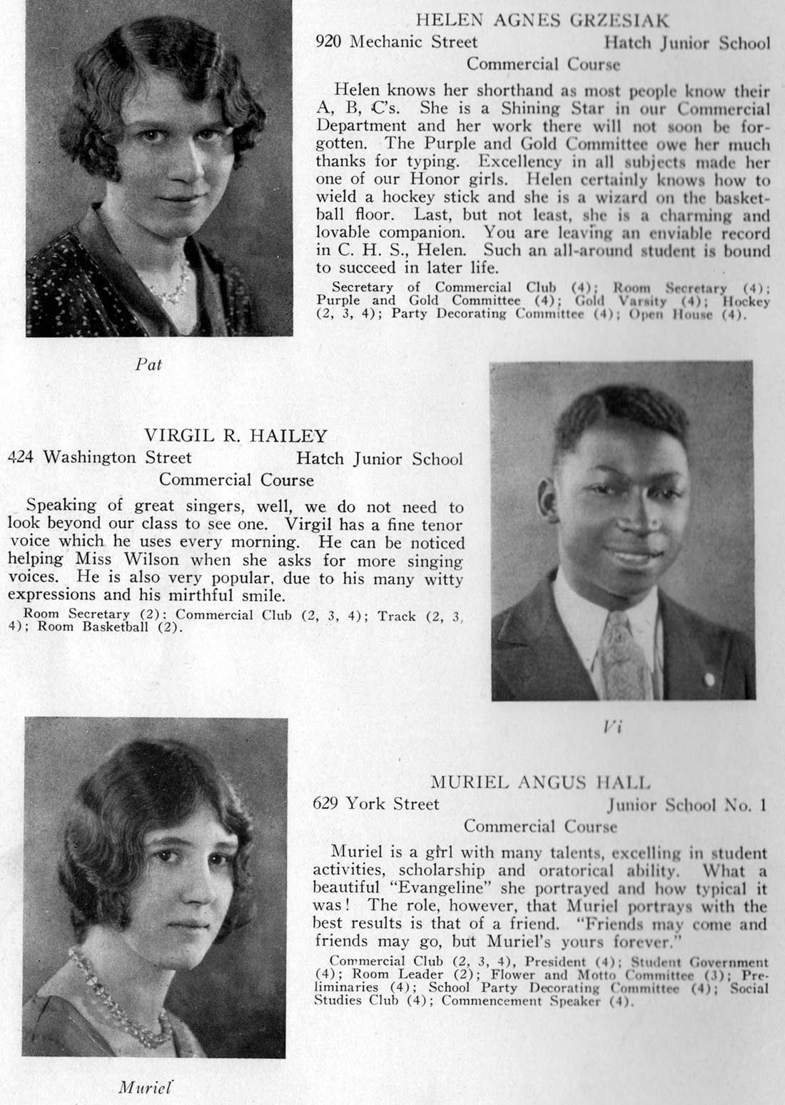 Class portraits: Helen Agnes Grzesiak, Virgil R. Hailey, Muriel Angus Hall