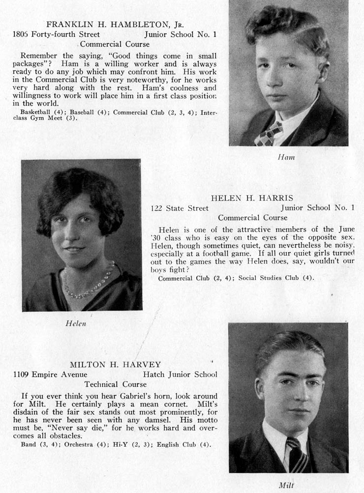 Class portraits: Franklin H. Hambleton Jr., Helen H. Harris, Milton H. Harvey