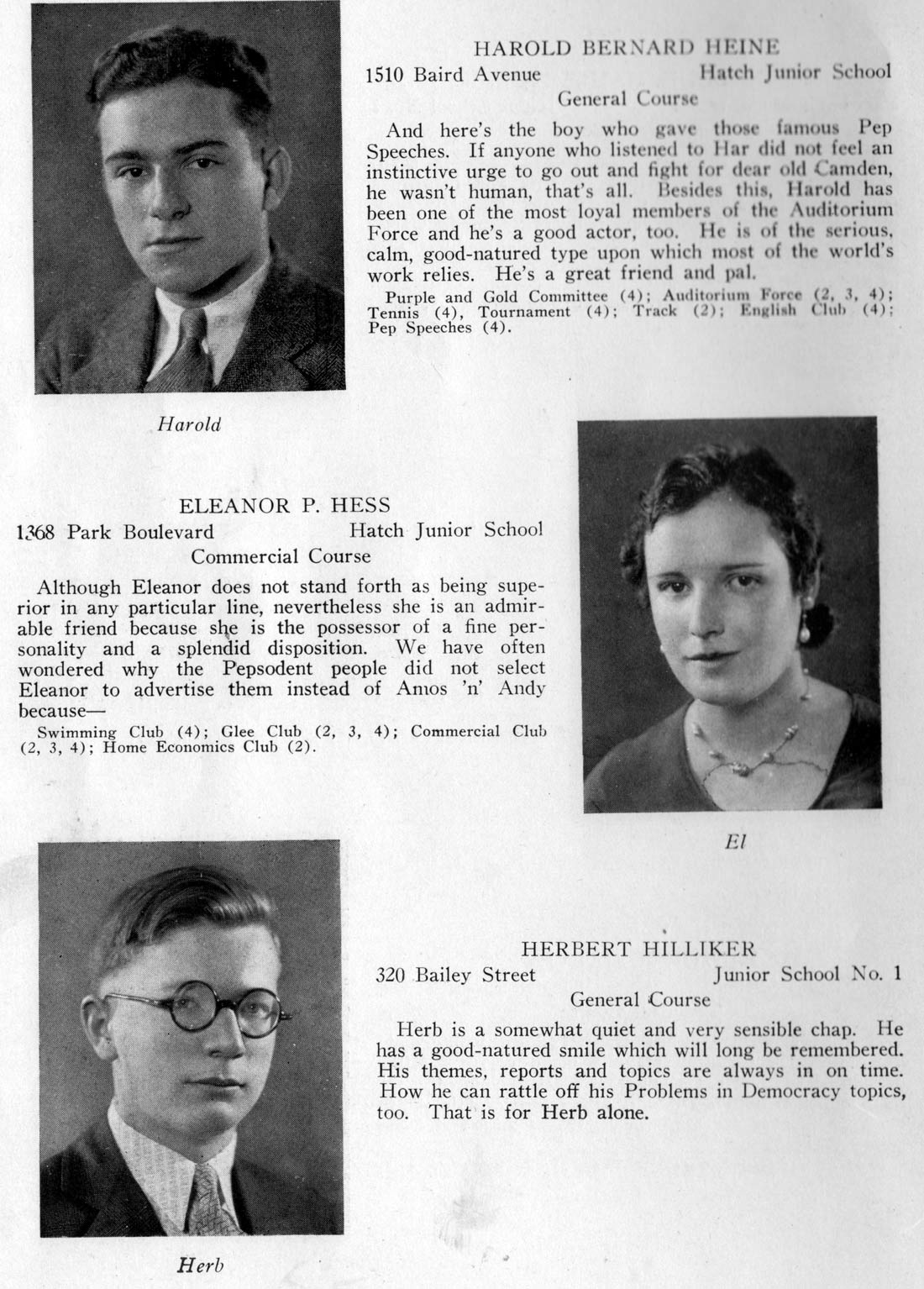 Class portraits: Harold Bernard Heine, Eleanor P. Hess, Herbert Hilliker