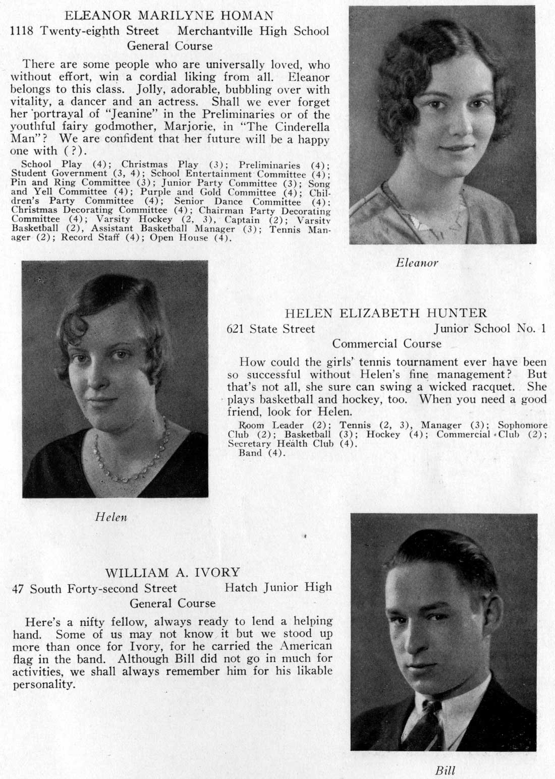Class portraits: Eleanor Marilyne Homan, Helen Elizabeth Hunter, William A. Ivory