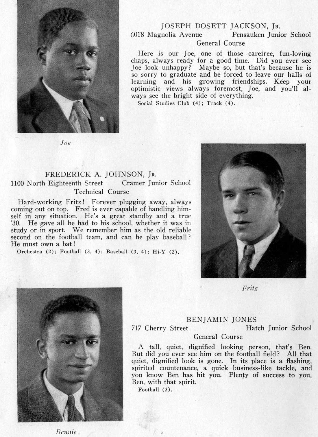 Class portraits: Joseph Dosett Jackson Jr., Frederick A. Johnson Jr., Benjamin Jones