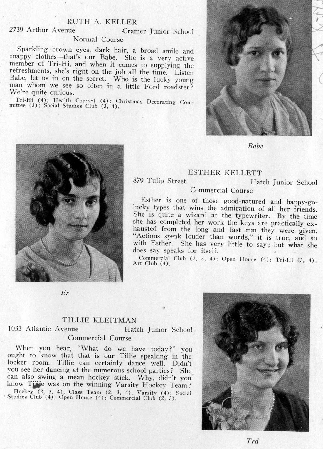 Class portraits: Ruth A. Keller, Esther Kellett, Tillie Kleitman