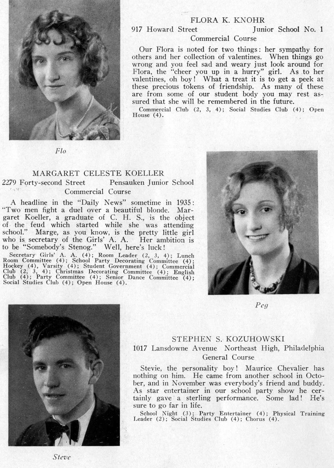 Class portraits: Flora K. Knohr, Margaret Celeste Koeller, Stephen S. Kozuhowski
