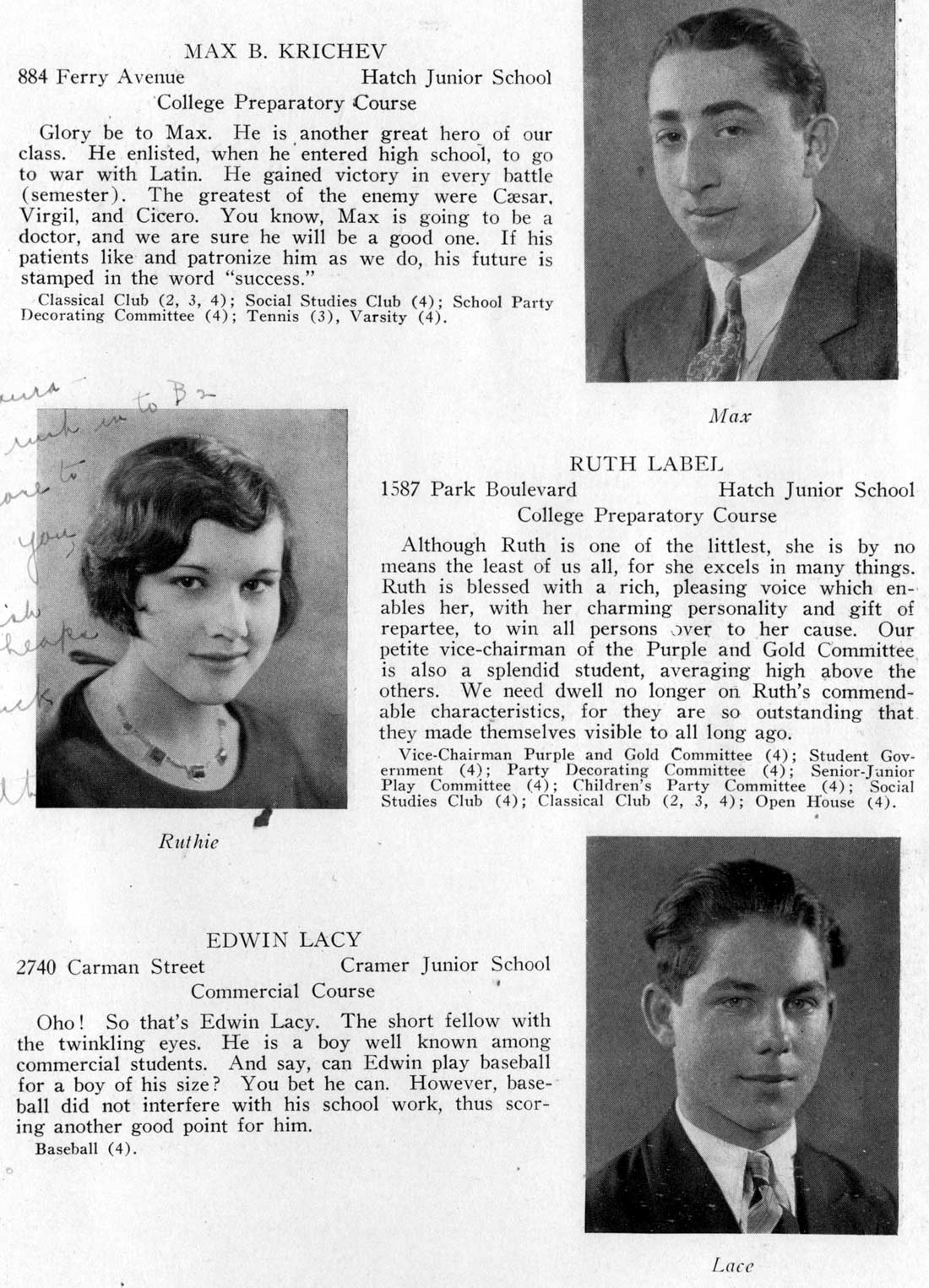 Class portraits: Max B. Krichev, Ruth Label, Edwin Lacy