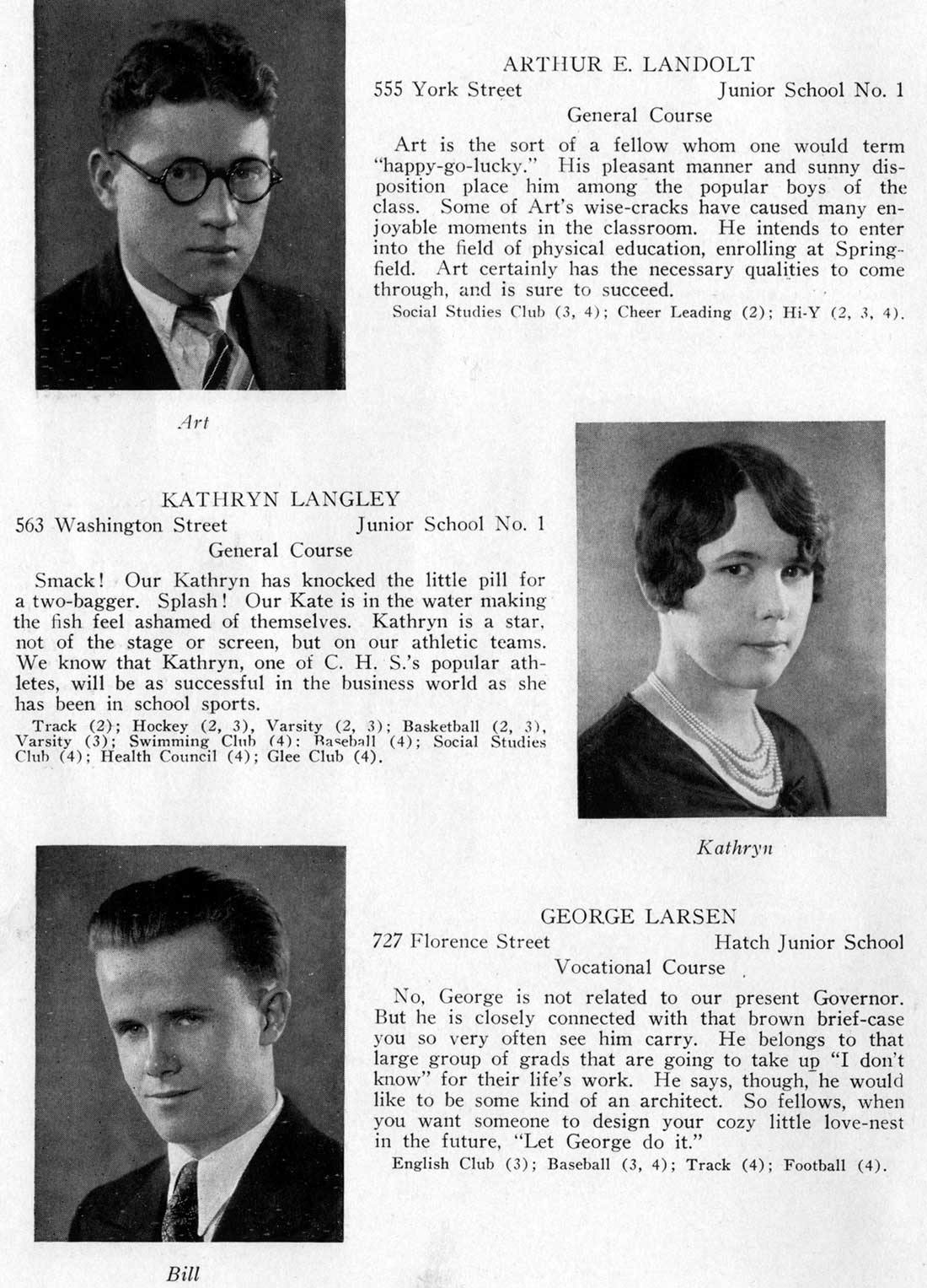 Class portraits: Arthur E. Landolt, Kathryn Langley, George Larsen
