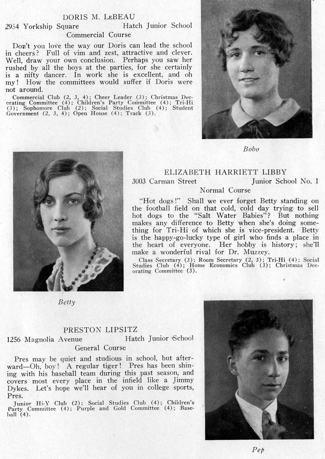 Class portraits: Doris LeBeau, Elizabeth Harriett Libby, Preston Lipsitz