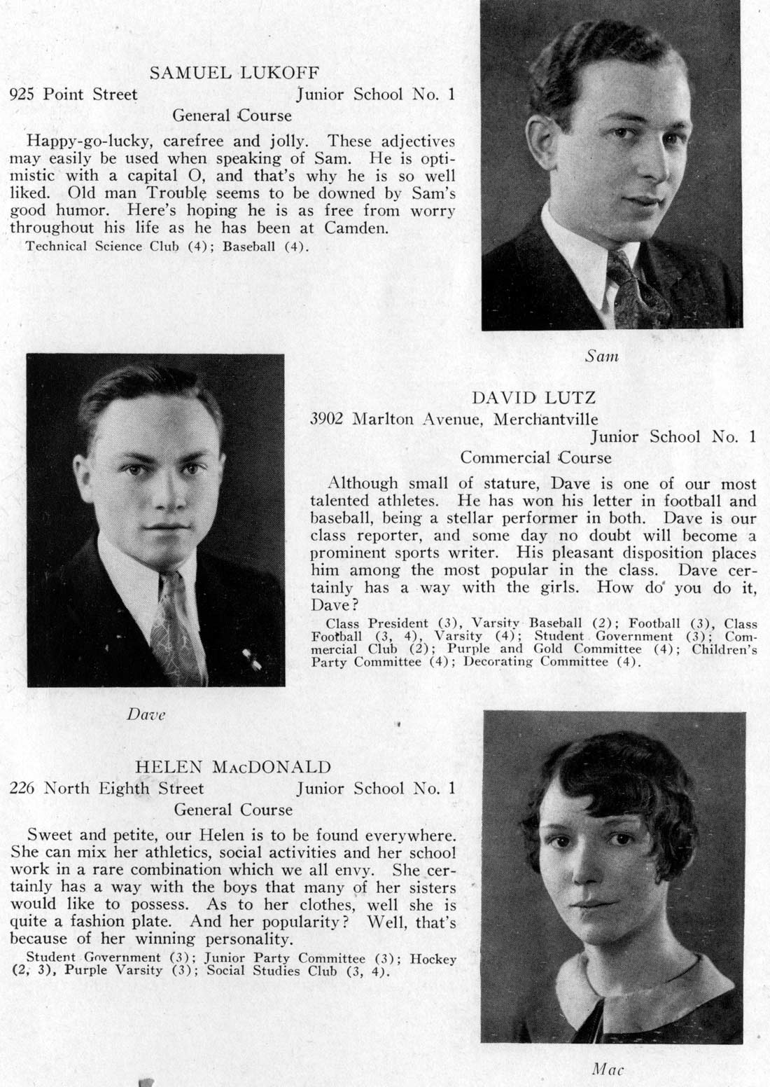 Class portraits: Samuel Lukoff, David Lutz, Helen MacDonald