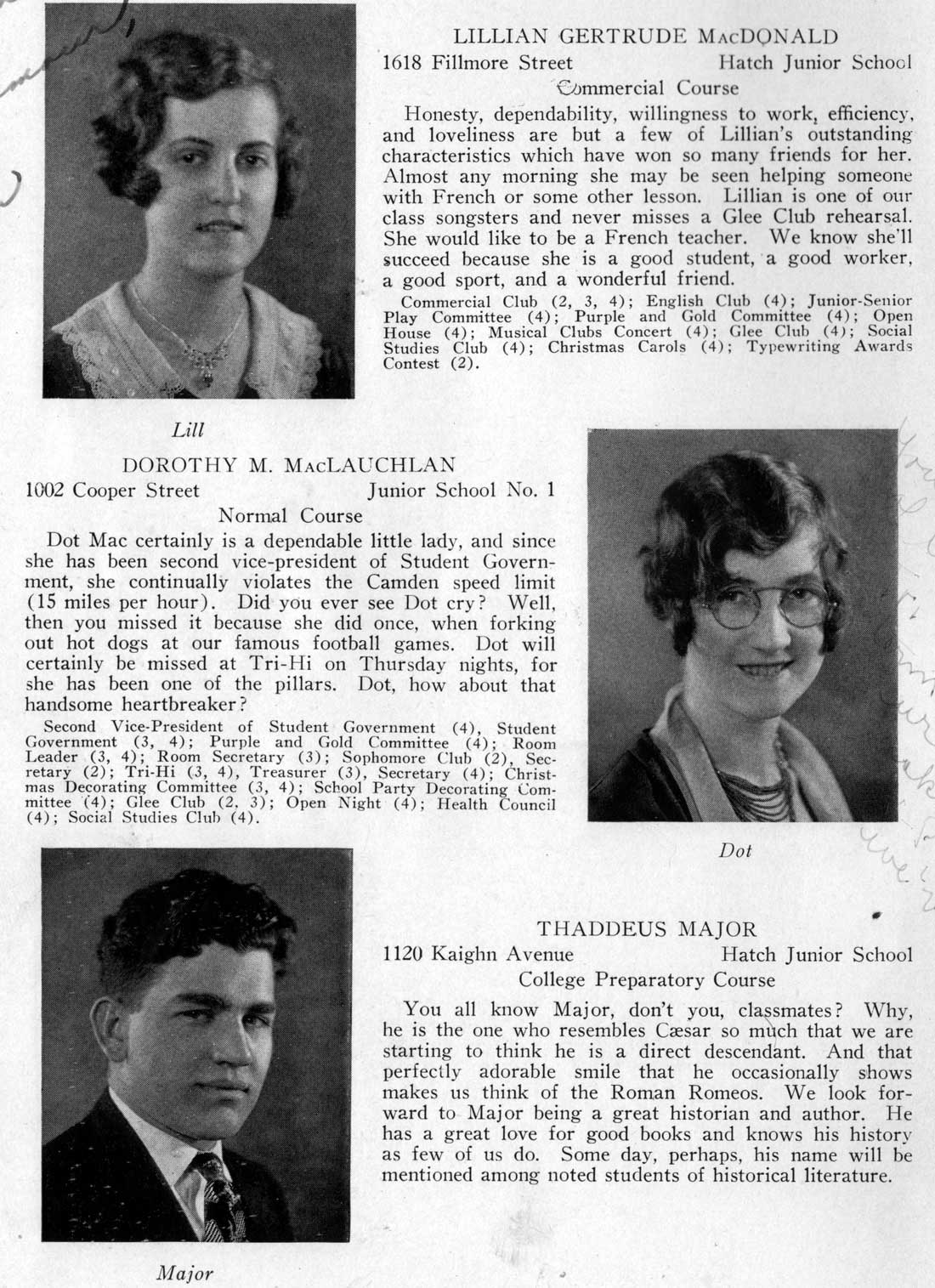 Class portraits: Lillian Gertrude MacDonald, Dorothy M. MacLauchlan, Thaddeus Major
