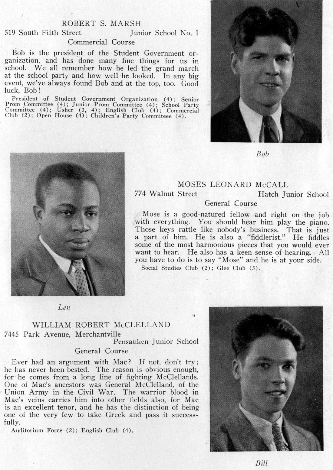 Class portraits: Robert S. Marsh, Moses Leonard McCall, William Robert McClelland