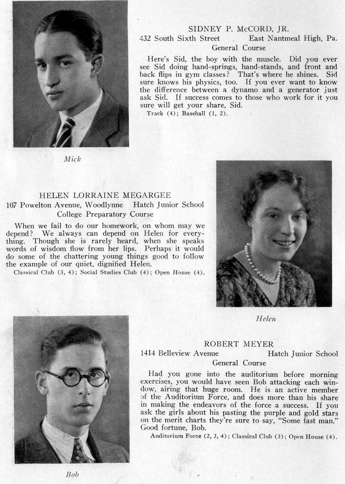 Class portraits: Sidney P. McCord Jr., Helen Lorraine Megargee, Robert Meyer