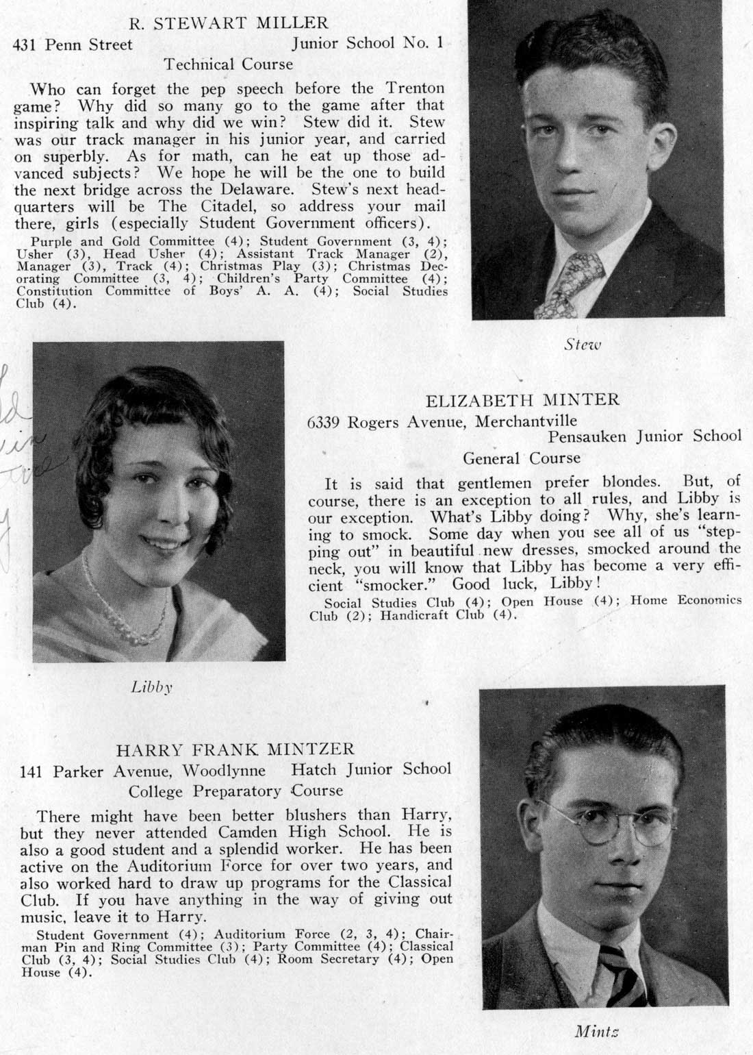 Class portraits: R. Stewart Miller, Elizabeth Minter, Harry Frank Mintzer