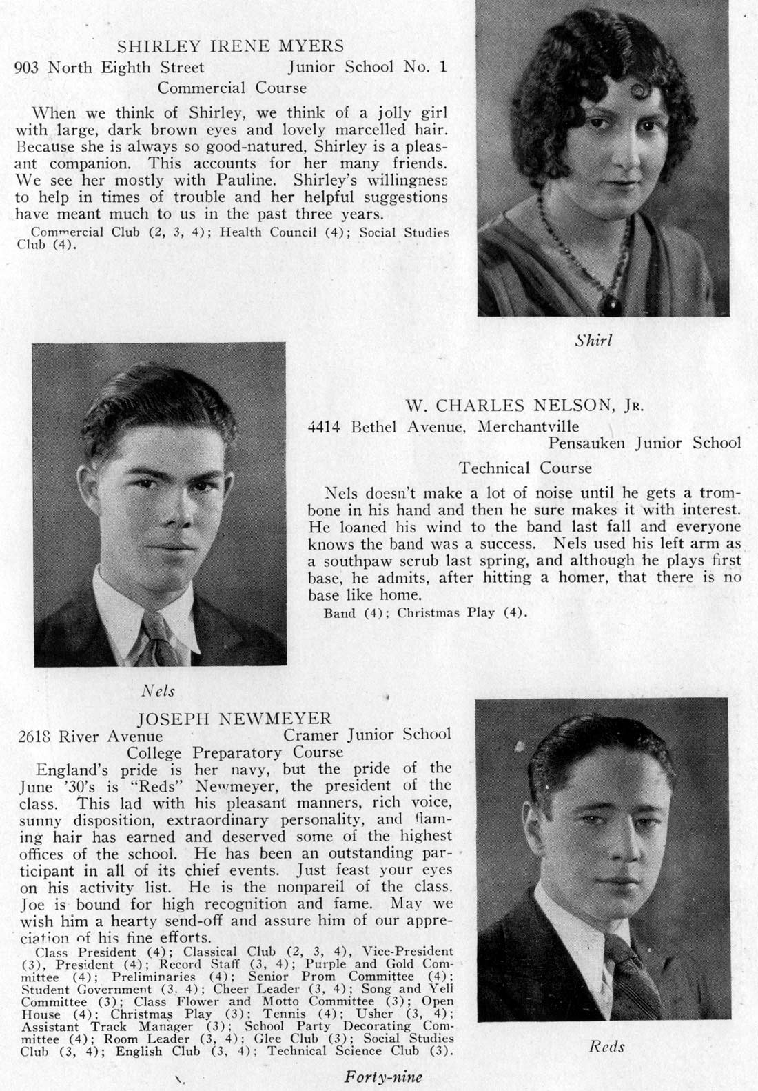 Class portraits: Shirley Irene Myers, W. Charles Nelson Jr., Joseph Newmeyer