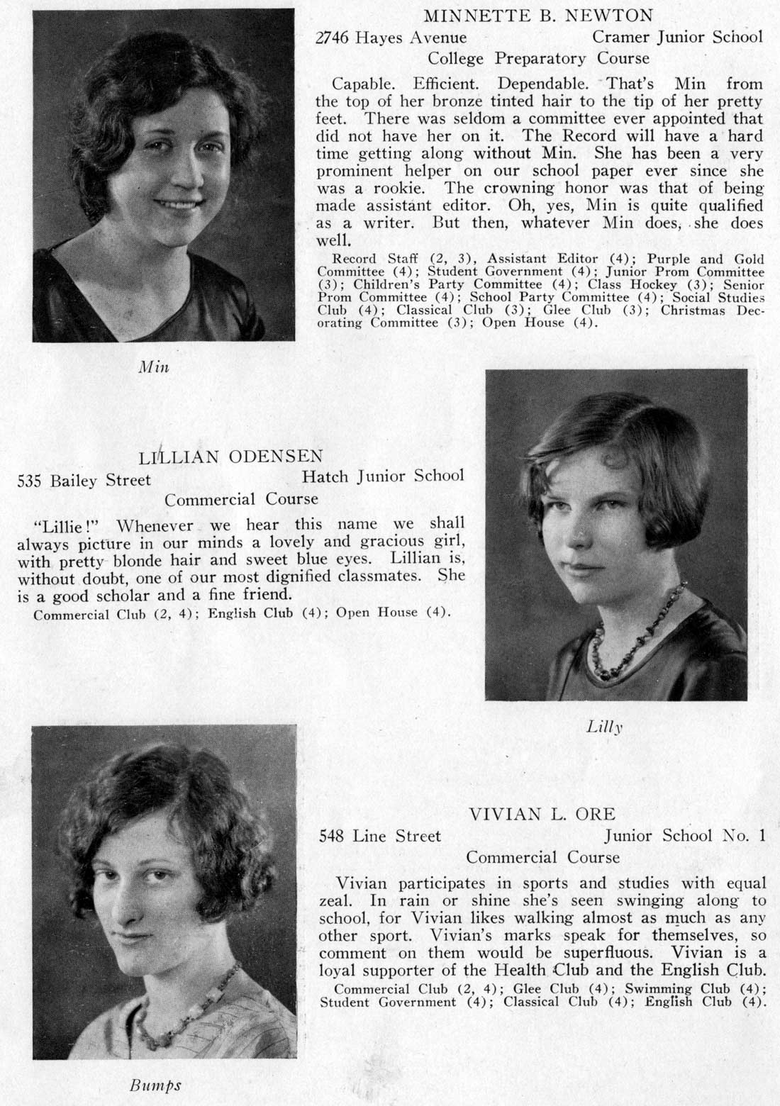 Class portraits: Minnette B. Newton, Lillian Odensen, Vivian L. Ore