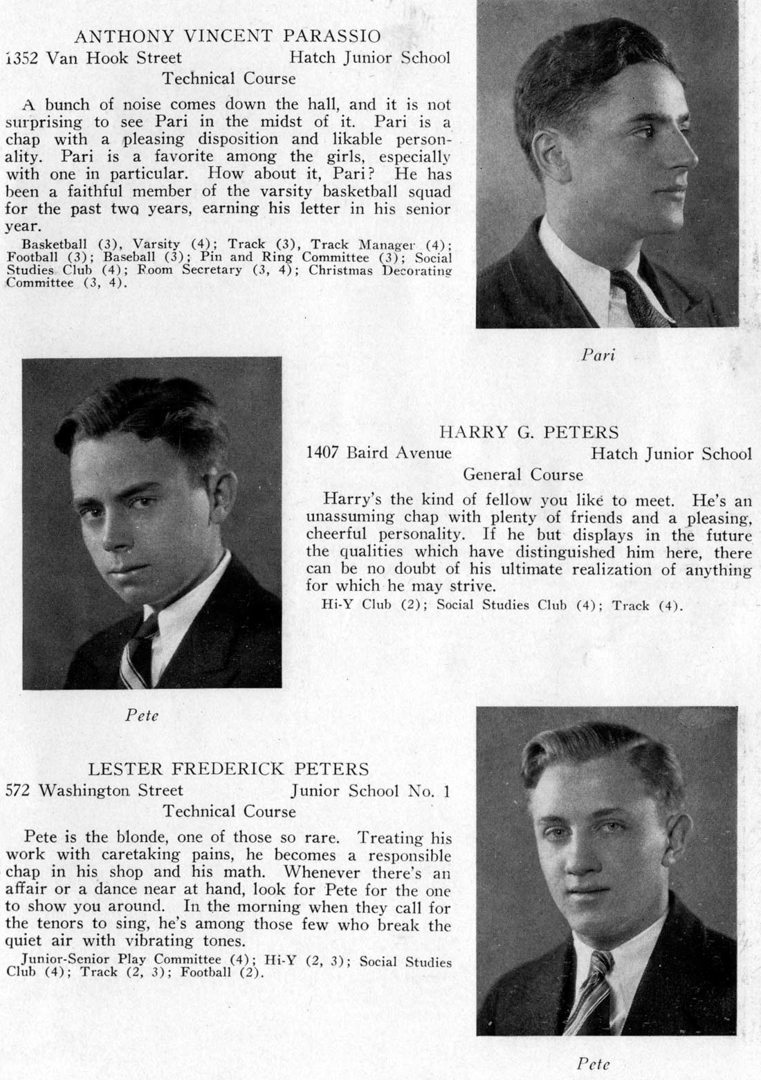 Class portraits: Anthony Vincent Parassio, Harry G. Peters, Thaddeus Major