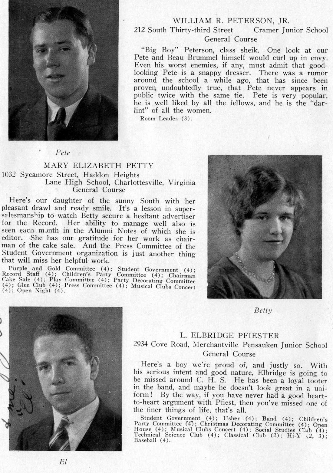 Class portraits: Willim R. Peterson Jr., Mary Elizabeth Petty, L. Elbridge Pfeister