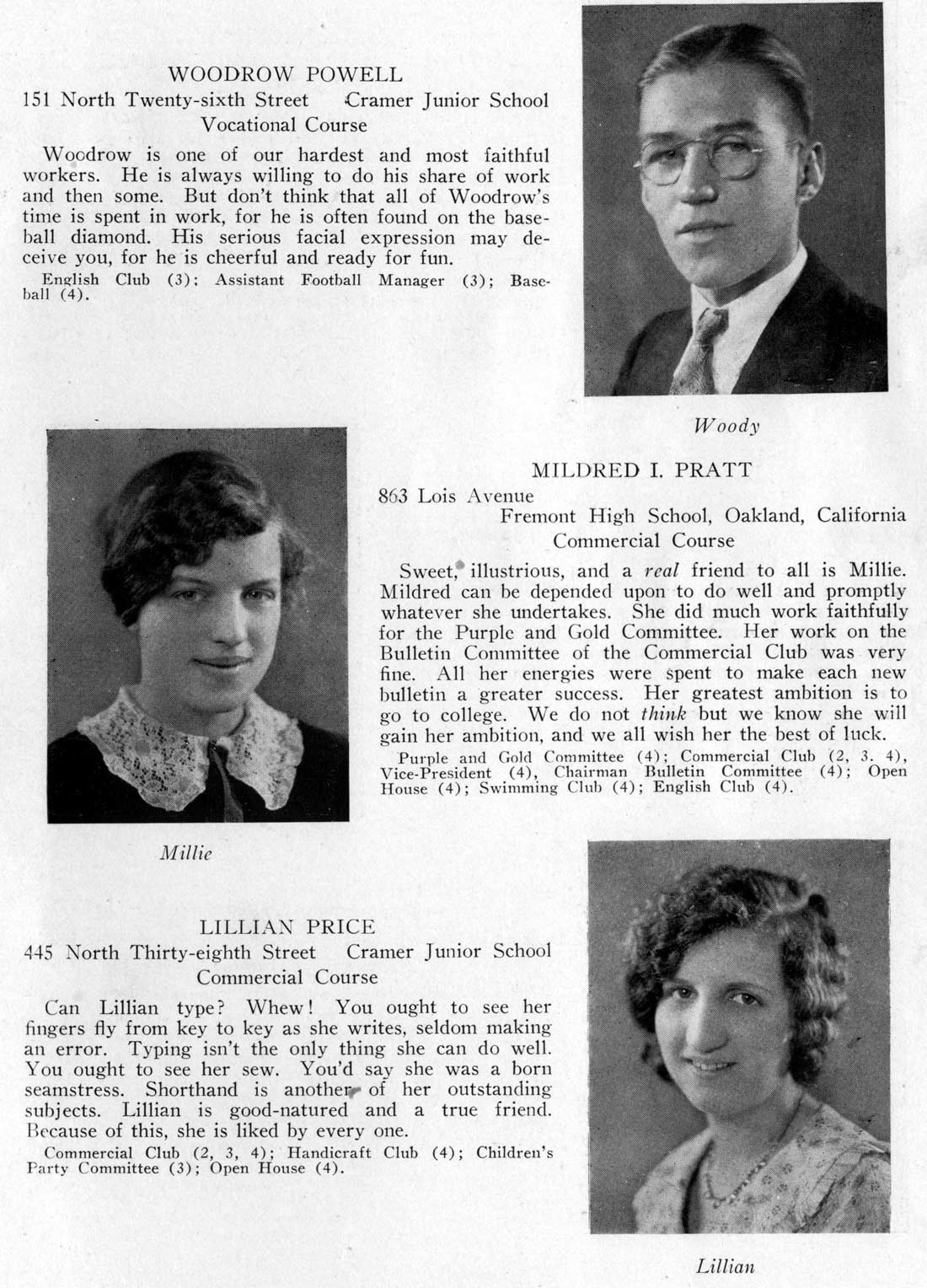 Class portraits: Woodrow Powell, Mildred I. Pratt, Lillian Price