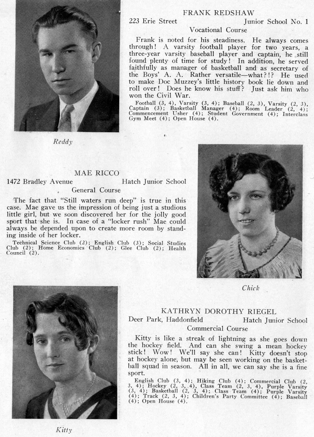 Class portraits: Frank Redshaw, Mae Ricco, Kathryn Dorothy Riegel