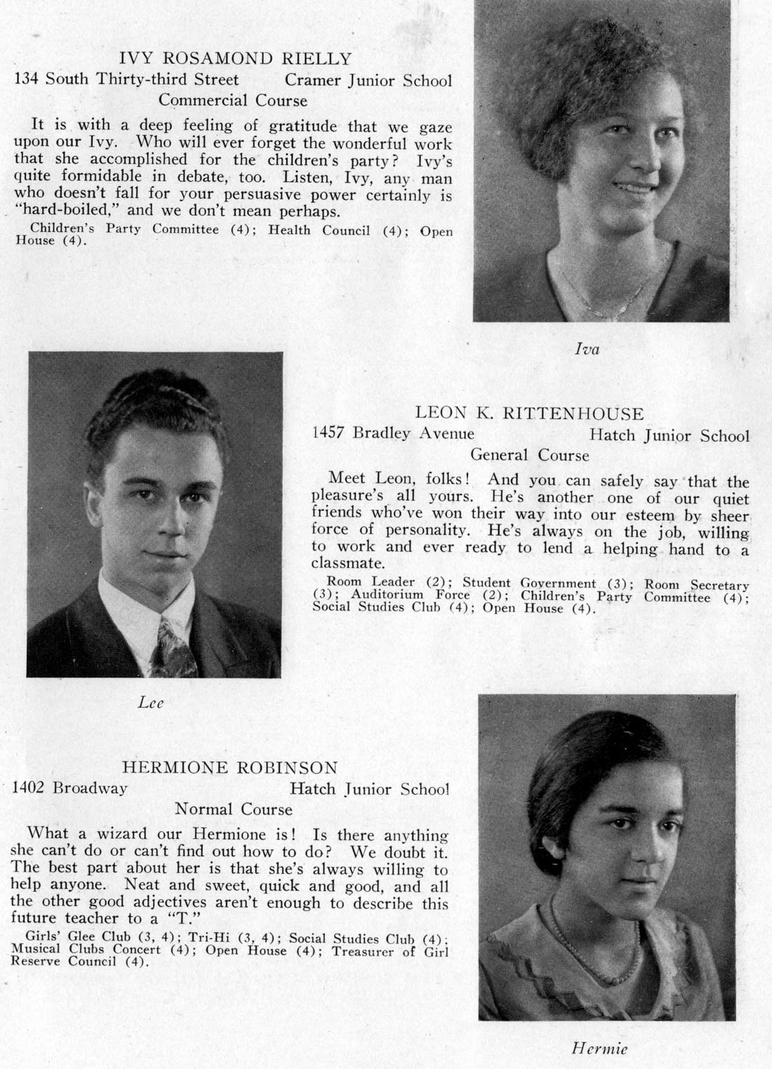 Class portraits: Ivy Rosamond Rielly, Leon K. Rittenhouse, Hermione Robinson