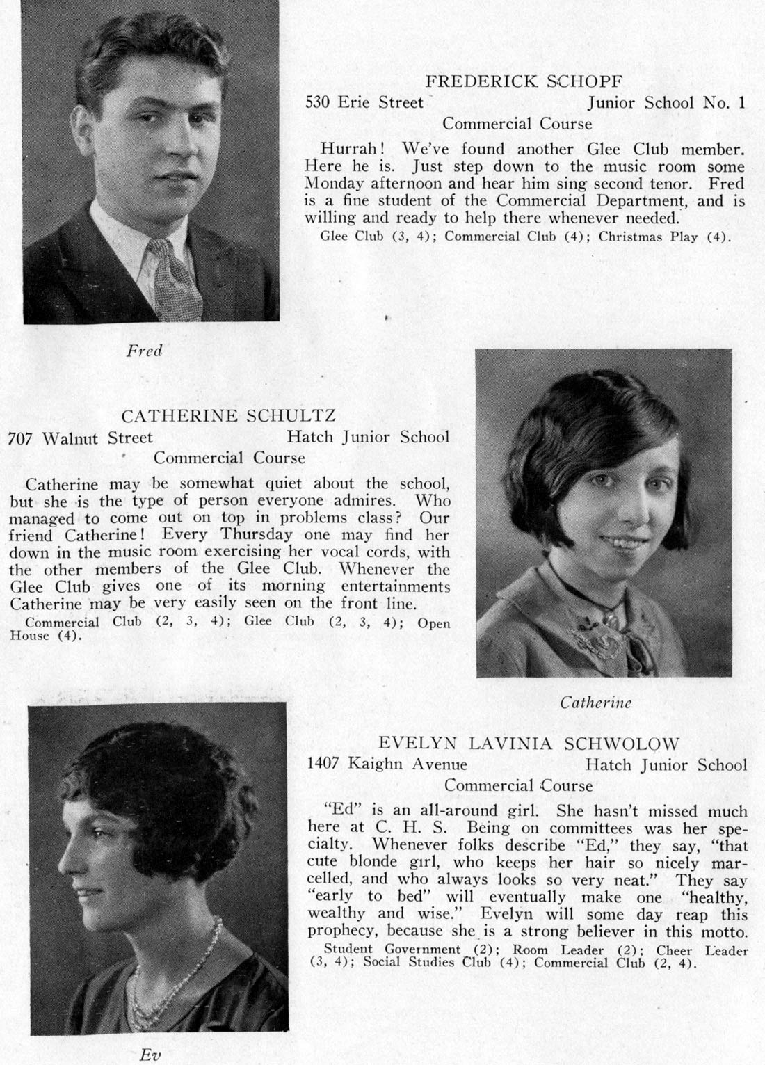 Class portraits: Frederick Schopf, Catherine Schultz, Evelyn Lavinia Schwolow