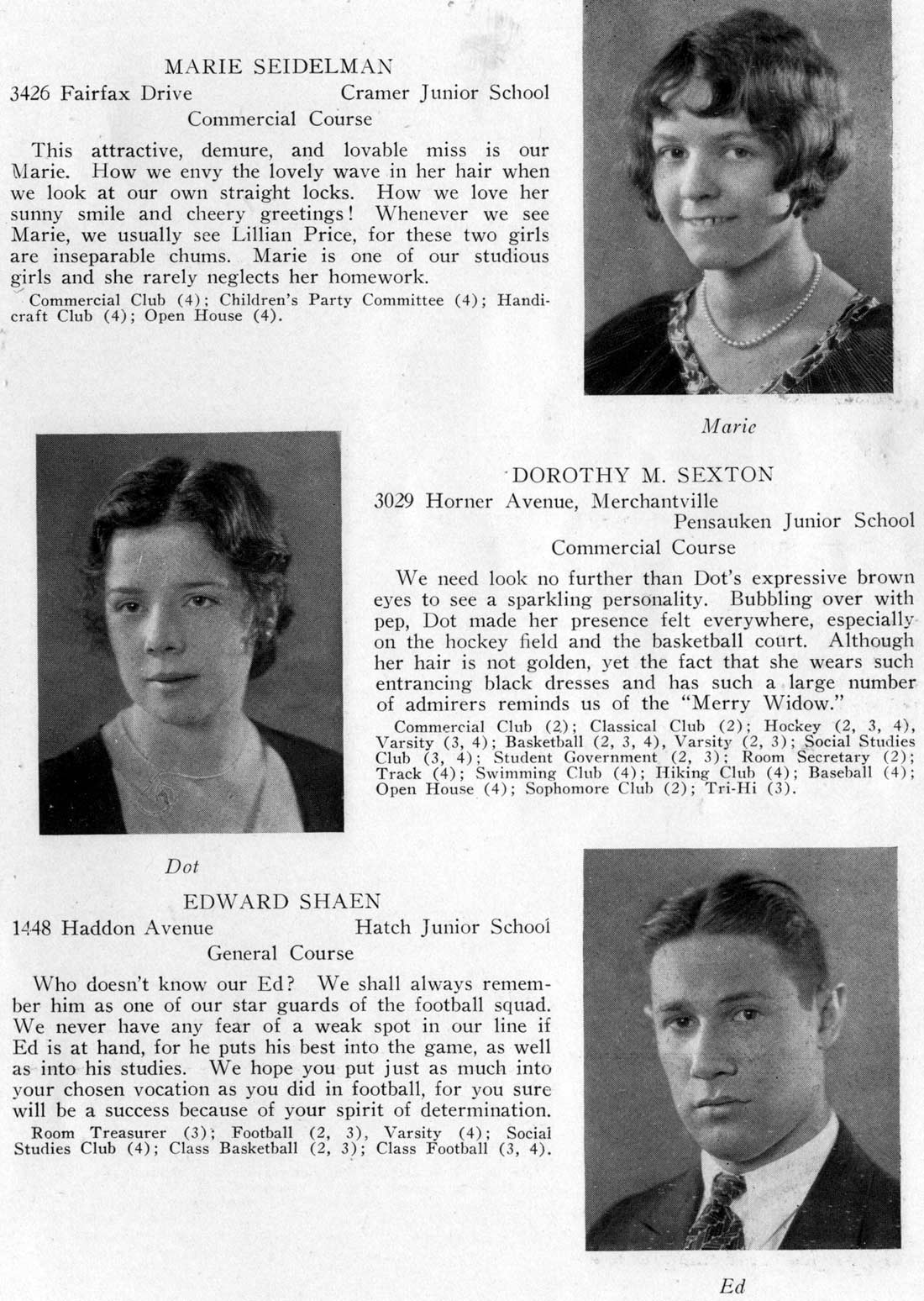 Class portraits: Marie Seidelman, Dorothy M. Sexton, Edward Shaen