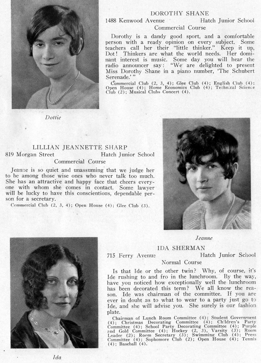 Class portraits: Dorothy Shanen, Lillian Jeanette Sharp, Ida Sherman