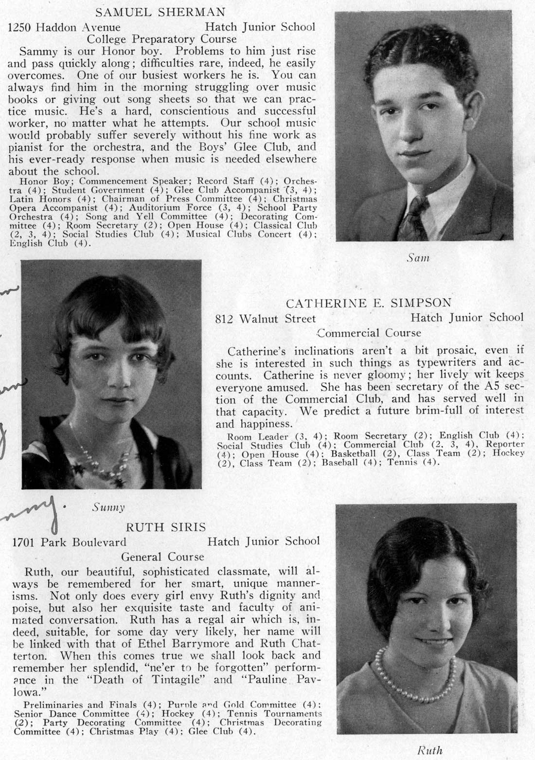 Class portraits: Samuel Sherman, Catherine E. Simpson, Ruth Siris