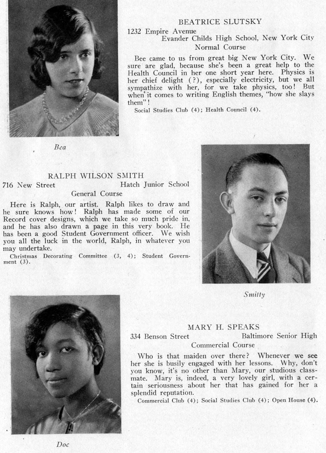 Class portraits: Beatrice Slutsky, Ralph Wilson Smith, Ruth Siris