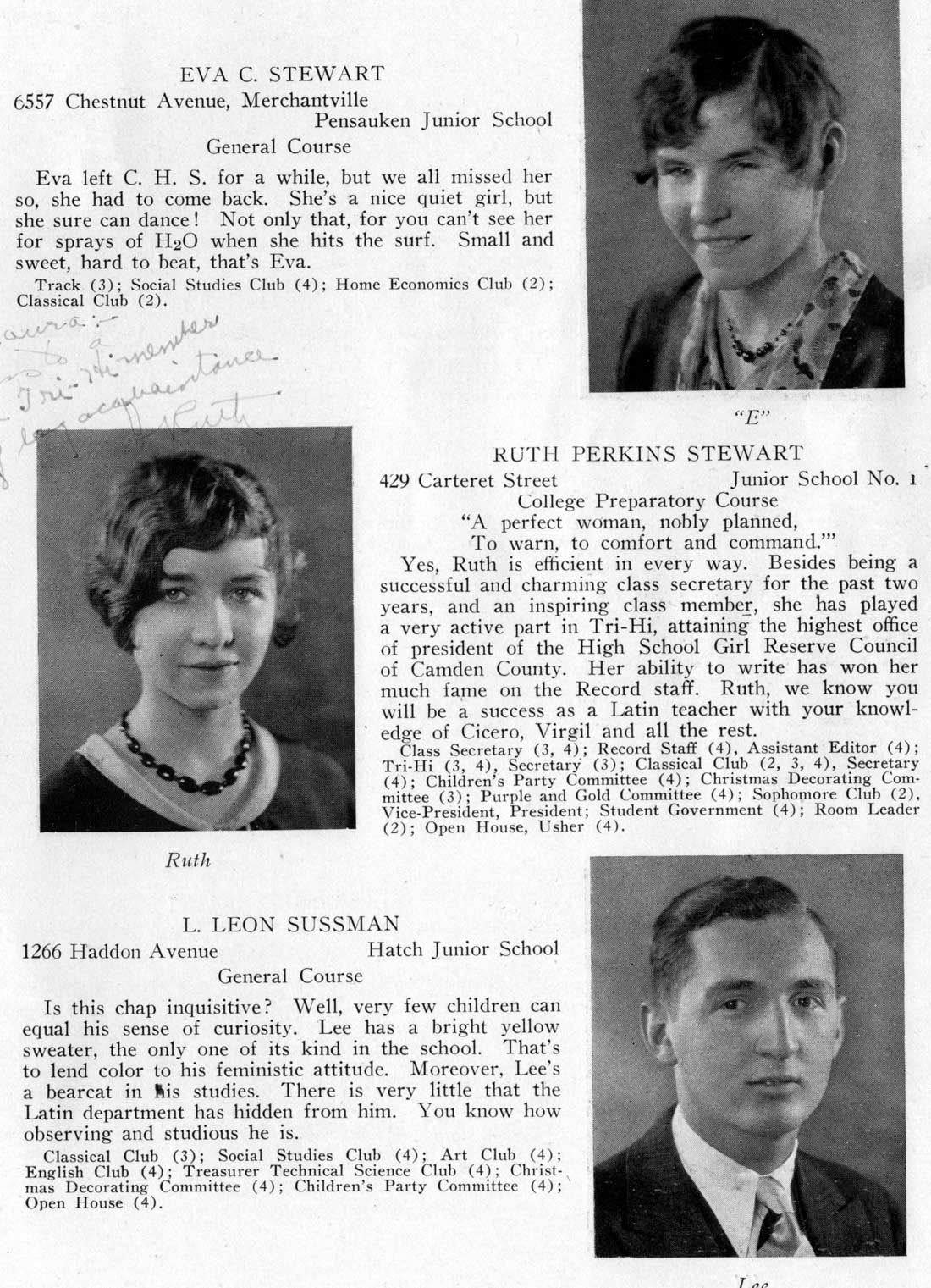 Class portraits: Eva C. Stewart, Ruth Perkins Stewart, Leon Sussman