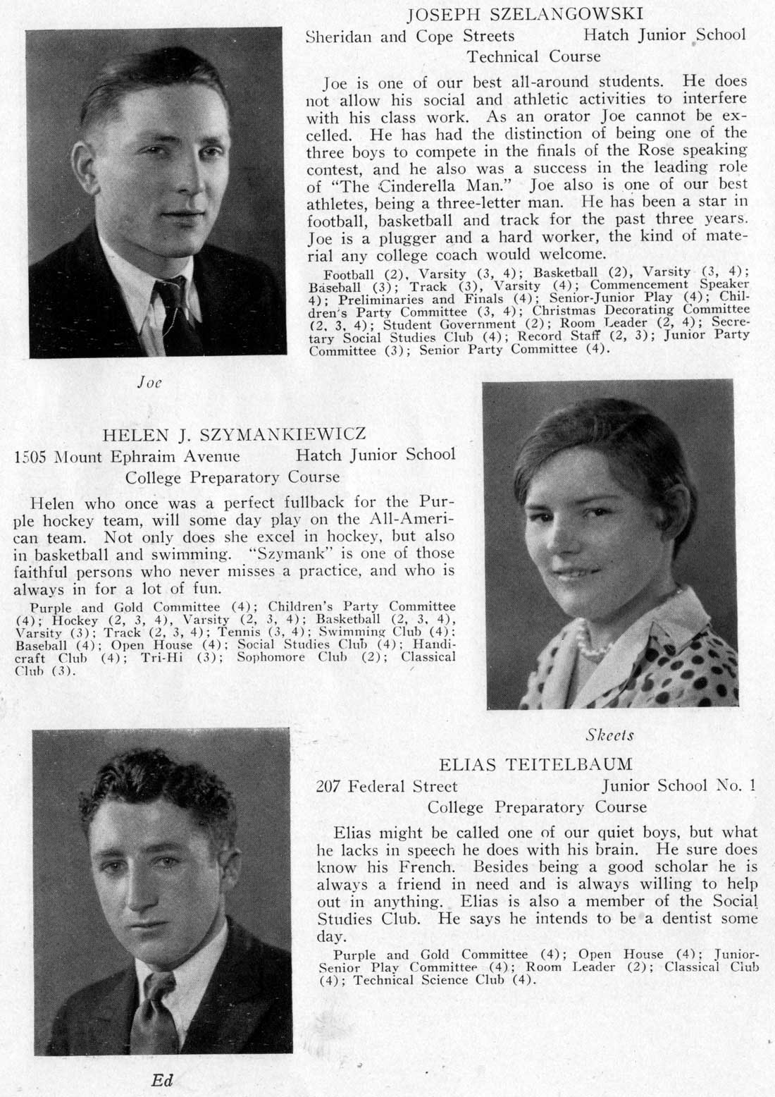 Class portraits: Joseph Szelangowski, Helen J. Szymankiewicz, Elias Teitelbaum