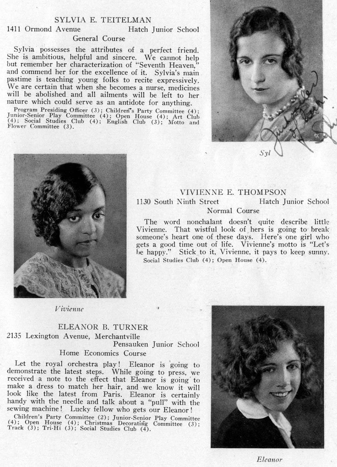Class portraits: Sylvia E. Teitelman, Vivienne E. Thompson, Eleanor B. Turner