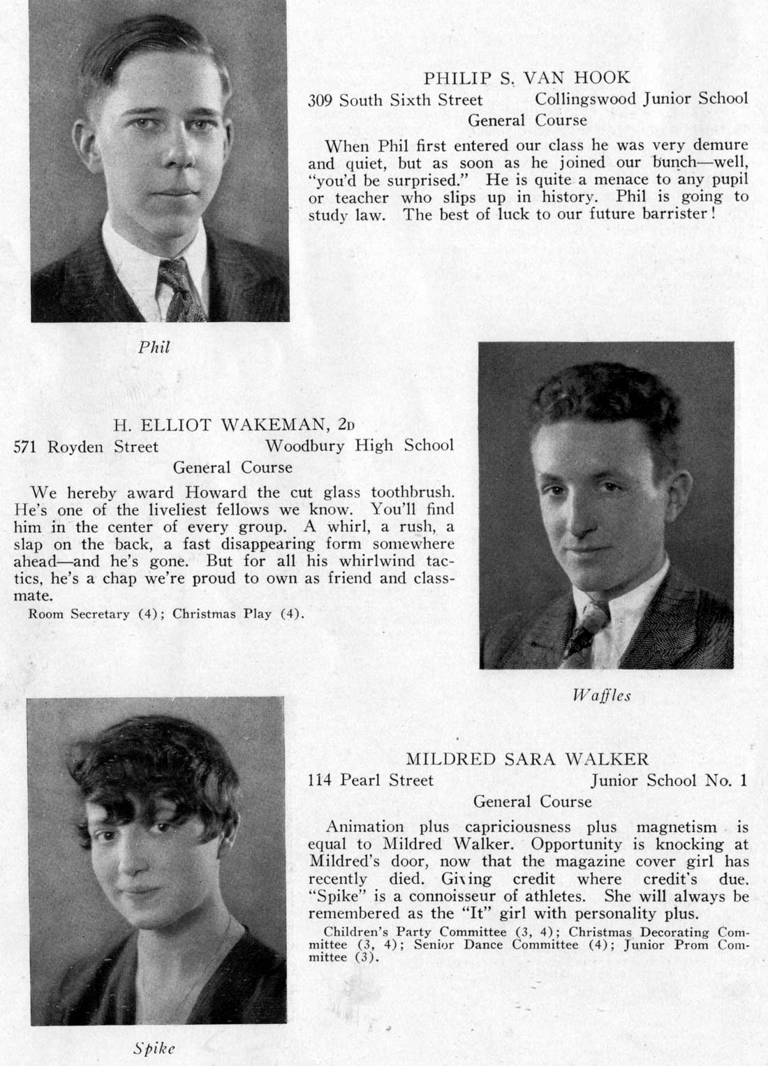 Class portraits: Philip S. Van Hook, H. Elliot Wakeman II, Mildred Sara Walker