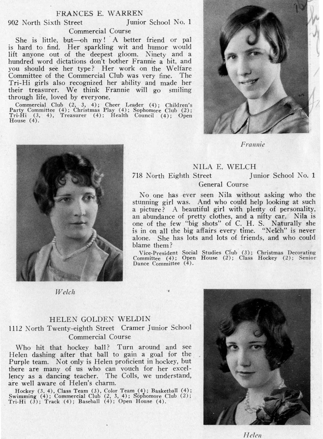 Class portraits: Frances E. Warren, Nila E. Welch, Helen Golden Weldin