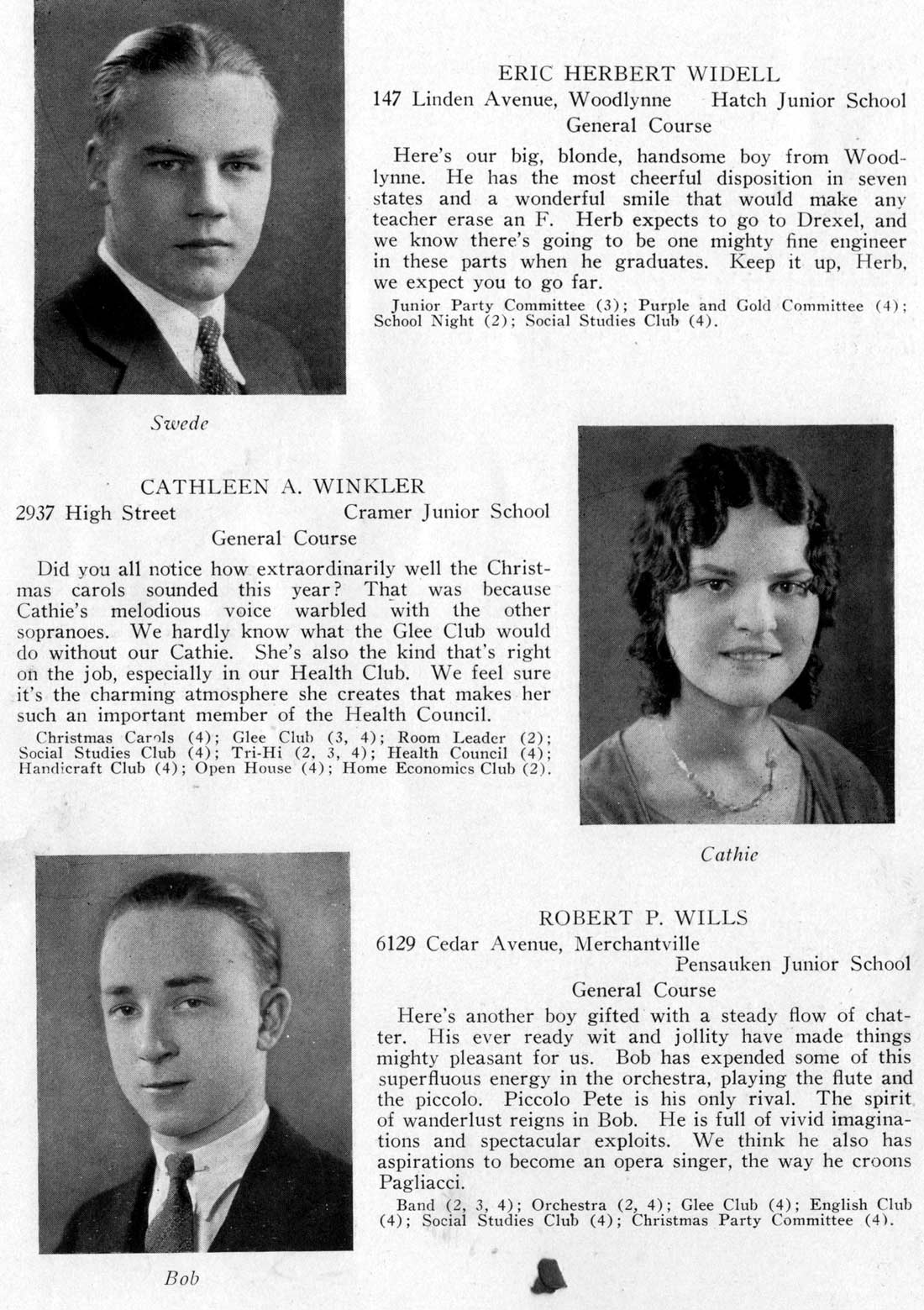 Class portraits: Eric Herbert Widell, Cathleen A. Winkler, Robert P. Wills